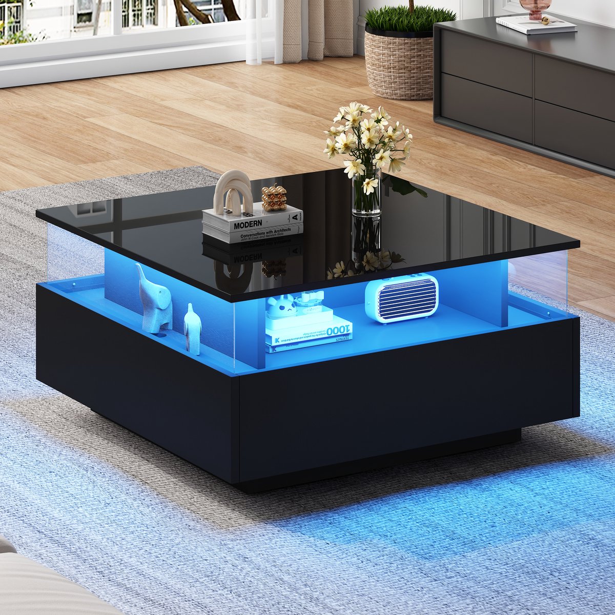 COVREO Salontafel 70x70x41 cm – zwart, hoogglans blad, 2 lades en transparante displayruimte