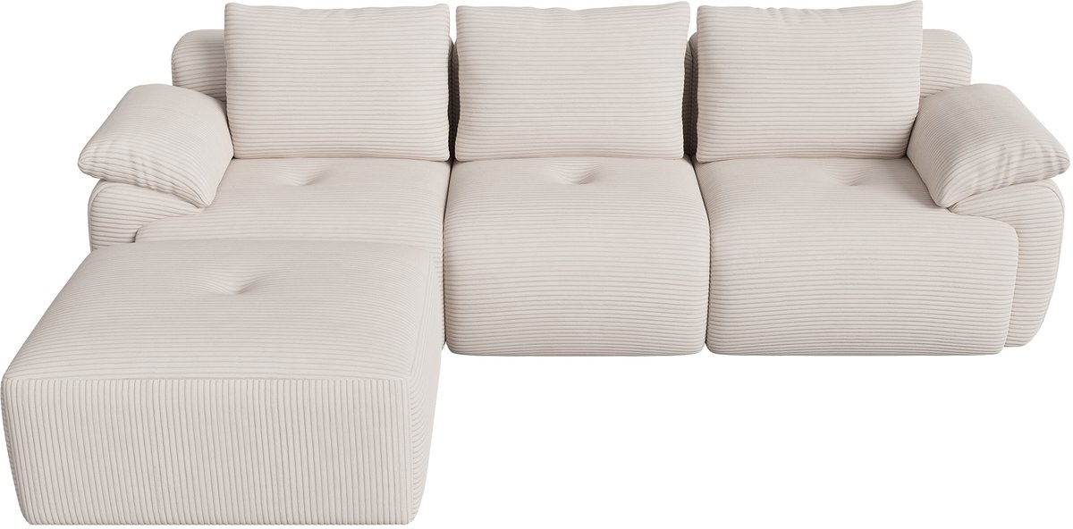 ADEuropean@outlook.com Modulaire Hoekbank L-vorm 3-zits Crème Ribstof - Bankstel met Voetenbank, Zachte Bekleding en Stevige Constructie