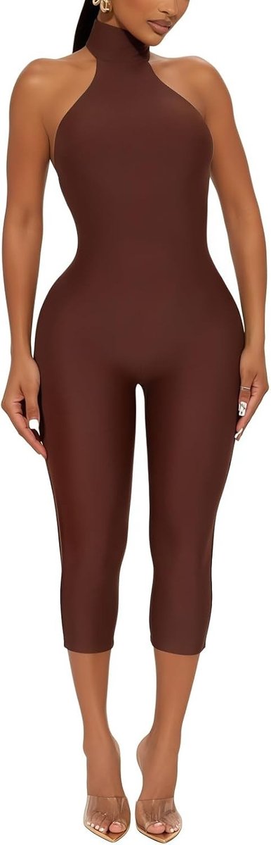 Mouwloze halterhals jumpsuit voor dames, nauwsluitende romper met gedraaide rug, perfect voor uitgaan, yoga en sportactiviteiten, stretch en comfortabel