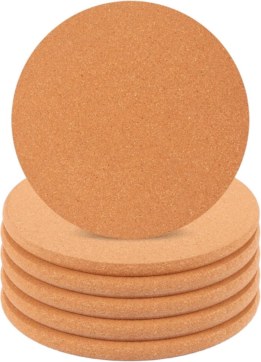 Set van 6 Ronde Kurken Onderzetters, 19 cm Diameter, Bruin, Warmtebestendig en Antislip voor Keukengerei en Pannen