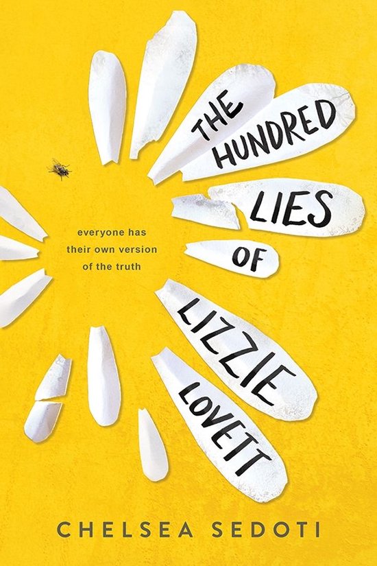 Boekomslag met witte bloemblaadjes op een gele achtergrond, met de tekst 'The Hundred Lies of Lizzie Lovett'.