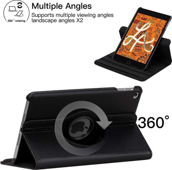 Housse de tablette noire multi-angles, avec une tablette et une vue rotative à 360°.