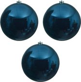 3x Grote donkerblauwe kunststof kerstballen van 14 cm - glans - donkerblauwe kerstboom versiering
