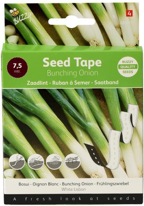 Zaadlint met bosuien, wit met groen. De tekst 'Zaadlint Bunching Onion' staat op de verpakking.