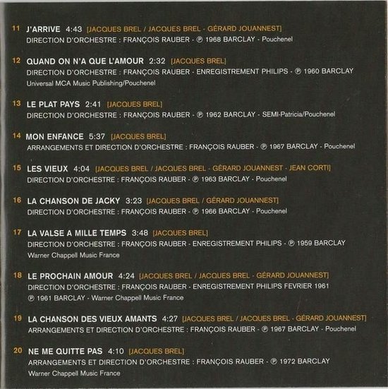 Tracklijst van CD 1, nummers 11-20, van 'Brel infiniment'.