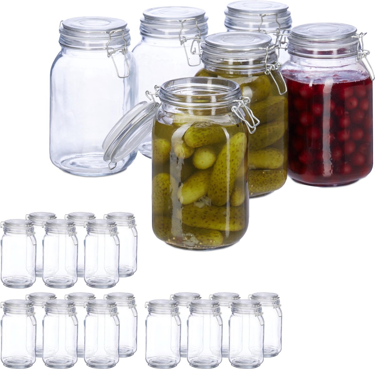 Relaxdays Bocal en verre, set de 6, 750 ml, couvercle, fermeture mécanique,  pour conservation et rangement