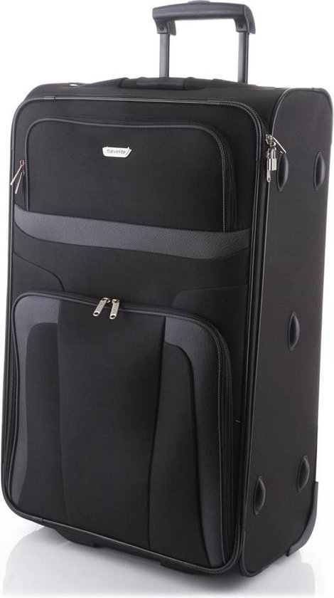 Valise trolley noire avec accents gris et compartiments. Vue de face, avec poignée et roues.