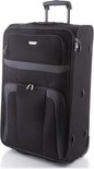 Valise trolley noire avec accents gris et compartiments. Vue de face, avec poignée et roues.