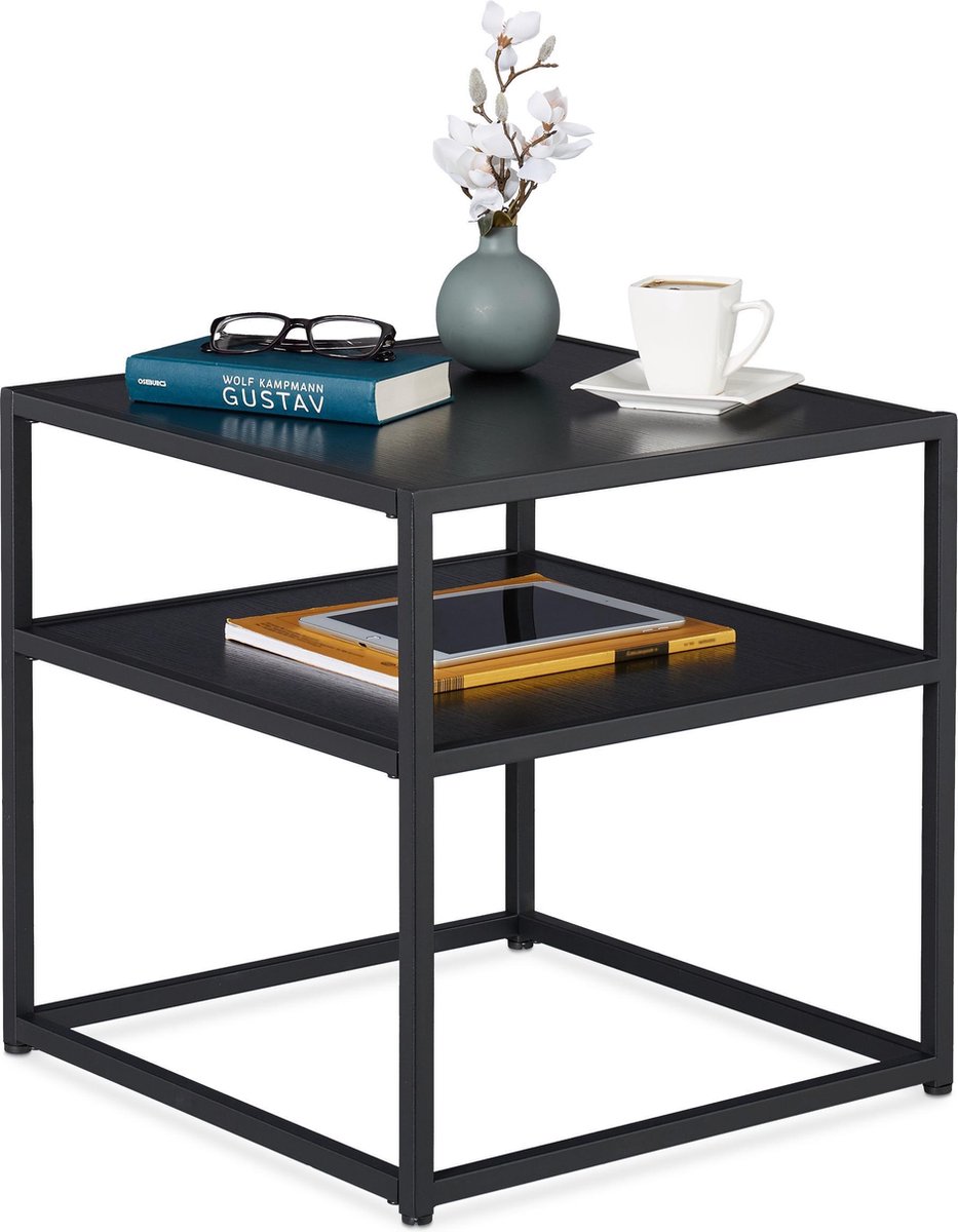 Relaxdays bijzettafel zwart vierkant salontafel 2 etages 50x50x50 cm tafel