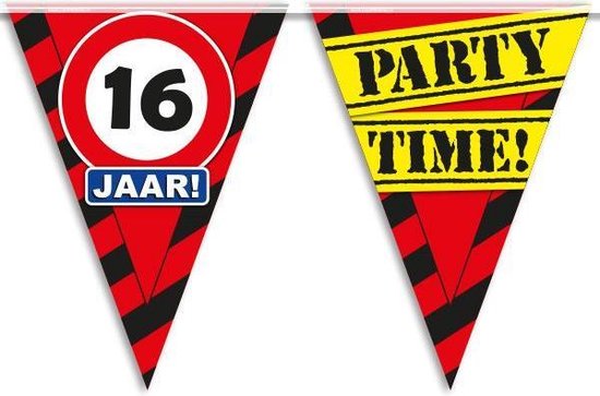 6 stuks - Vlaggenlijn 16 jaar PARTYTIME 10 mtr.