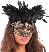 Goudkleurig masker met veren voor vrouwen - Verkleedmasker
