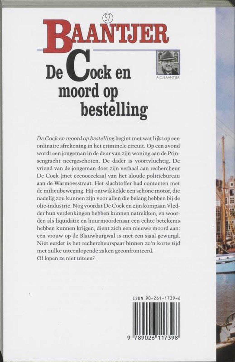 Boekomslag met 'Baantjer De Cock en moord op bestelling'. Achterzijde met tekst en ISBN.