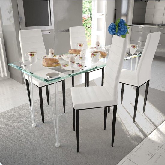 Eetkamerset 4 witte slim line stoelen en 1 glazen tafel | bol.com