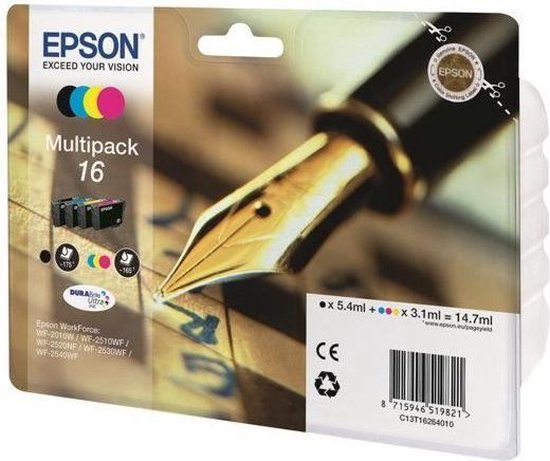 Epson 16 Multipack inktcartridges met een gouden vulpen. De kleuren zwart, cyaan, geel en magenta zijn zichtbaar.