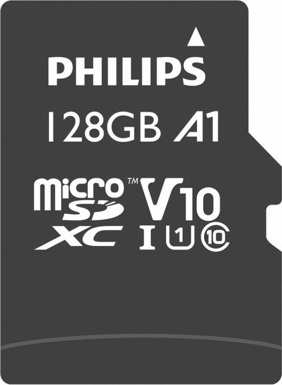 Philips 128GB A1 microSDXC kaart met V10 en U1 iconen.