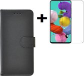 Geschikt voor Samsung A51 Hoesje Bookcase - yA51 Screenprotector - Wallet Book Case Zwart Cover + Screen Protector Tempered Gehard Glas