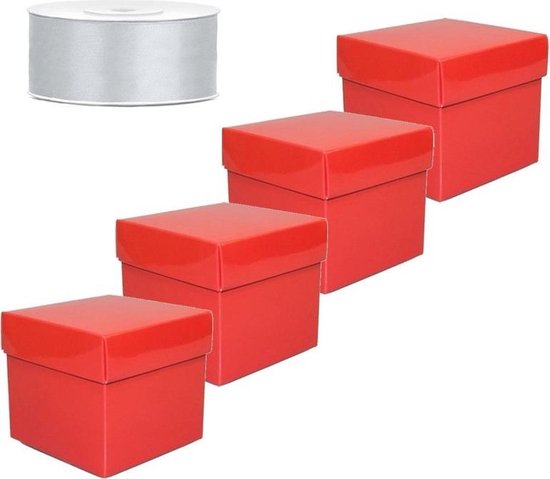 Set van 4 vierkante cadeau doosjes rood 10 x 10 cm en 1 rol kadolint /  sierlint... | bol.com