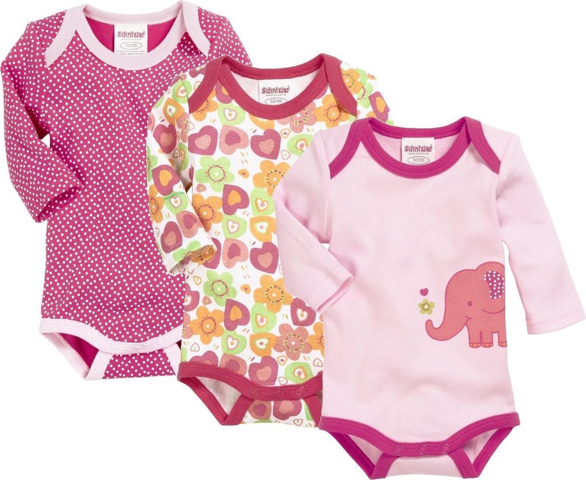 Schnizler Romper Olifant Lange Mouw Roze/wit 3 Stuks Mt 50/56