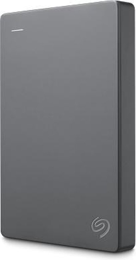 Grijze Seagate Basic 1TB externe harde schijf, staand gefotografeerd.