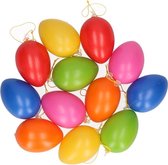 12x Gekleurde paasei hangdecoratie - Paasversiering/Paasdecoratie - Paaseieren met touwtje in verschillende kleuren