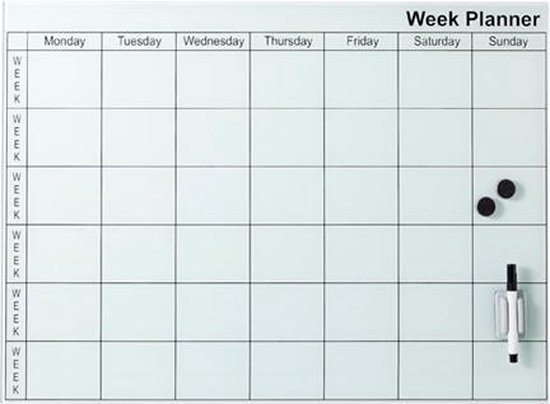Memobord Wit Glas 45x61cm Week Planner - maandplanner ( tot 6 weken) - met  stift en ... | bol.com