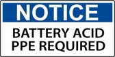 Sticker 'Notice: PPE required for battery acid' 300 x 150 mm