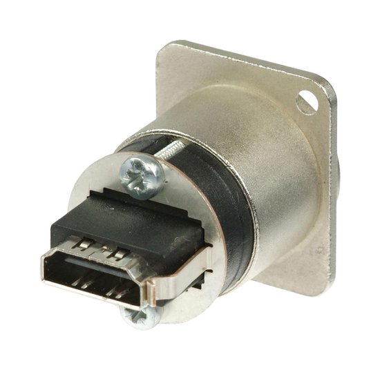 Zilverkleurige HDMI-adapter met zwarte connector en schroefbevestiging.