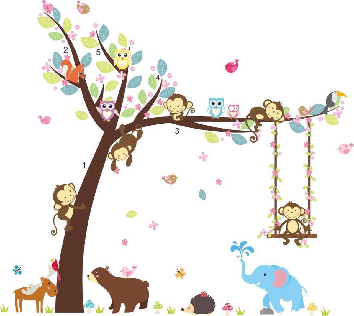 Vwist Muursticker Boom - Kinderkamer - Aapjes - Olifant - XXL Muursticker - 116 x 104 CM
