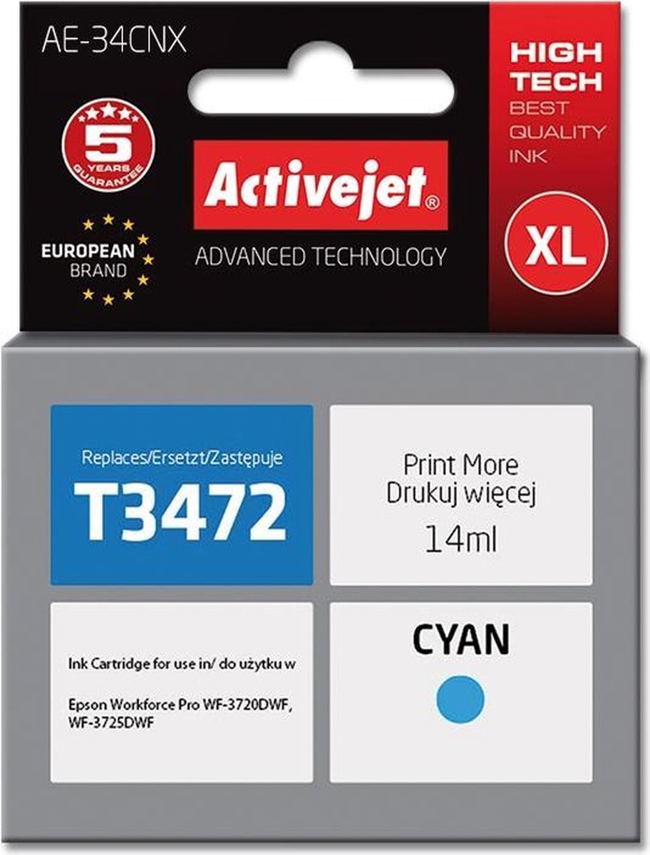 ActiveJet AE-34CNX Ink voor Epson-printer, Epson 34XL T3472 Vervanging; Opperste; 14 ml; cyaan.