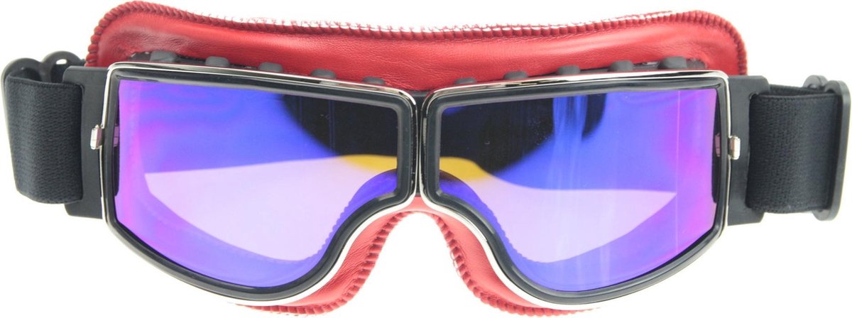 CRG Cruiser Motorbril - Rood Leren Motorbril - Retro Motorbril Heren - Blauw Glas