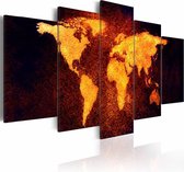 Schilderij - Wereldkaart - Hete lava, 5luik , oranje bruin , wanddecoratie , premium print op canvas