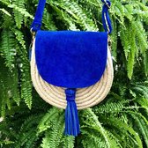 Bohemida- Roundiebag Nora- Ronde Boho Tas Raffia Leer- Marrakech Blue