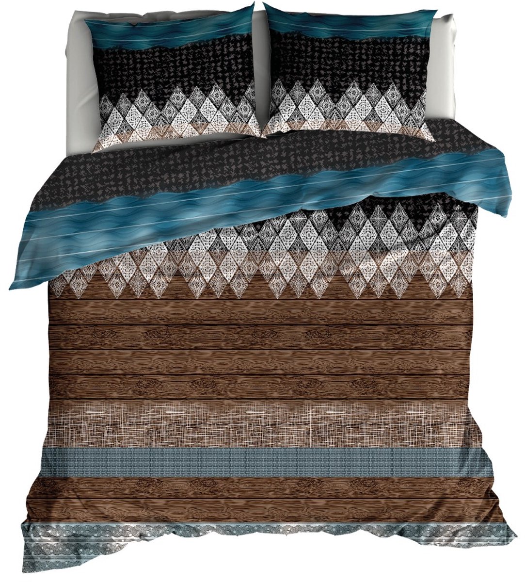 Romanette Brandon - Flanel - Dekbedovertrek - Tweepersoons - 200x200/220 cm + 2 kussenslopen 60x70 cm - Multi/Teal