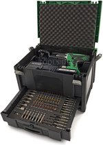 Hikoki accu boor-/schroefmachine 18 Volt, met twee accu's 1,5Ah en lader. In stapelbare systainer en lade gevuld met 100-delige
