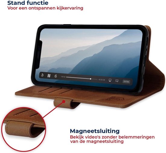 Bruine lederen telefoonhoes, standfunctie voor ontspannen kijkervaring, met video.