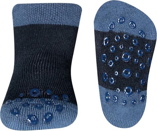 Marineblauwe antislip sokken met donkere band en doorzichtige antislip nopjes.