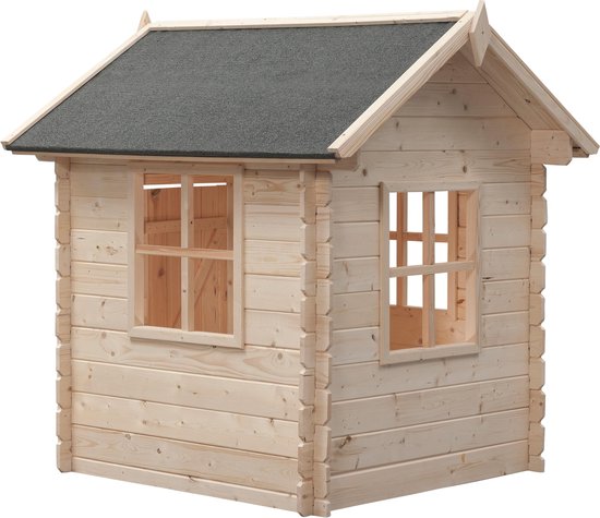 Houten speelhuis met donkergrijs dak en twee ramen met houten kozijnen.