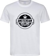 Wit T shirt met zwart  " Amsterdam / The Happy City " print size L