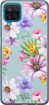 Samsung Galaxy A12 siliconen hoesje - Mint bloemen - Soft Case Telefoonhoesje - Blauw - Bloemen