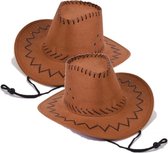 2x stuks bruine leren kinder verkleed cowboyhoed - Carbaval verkleed hoeden