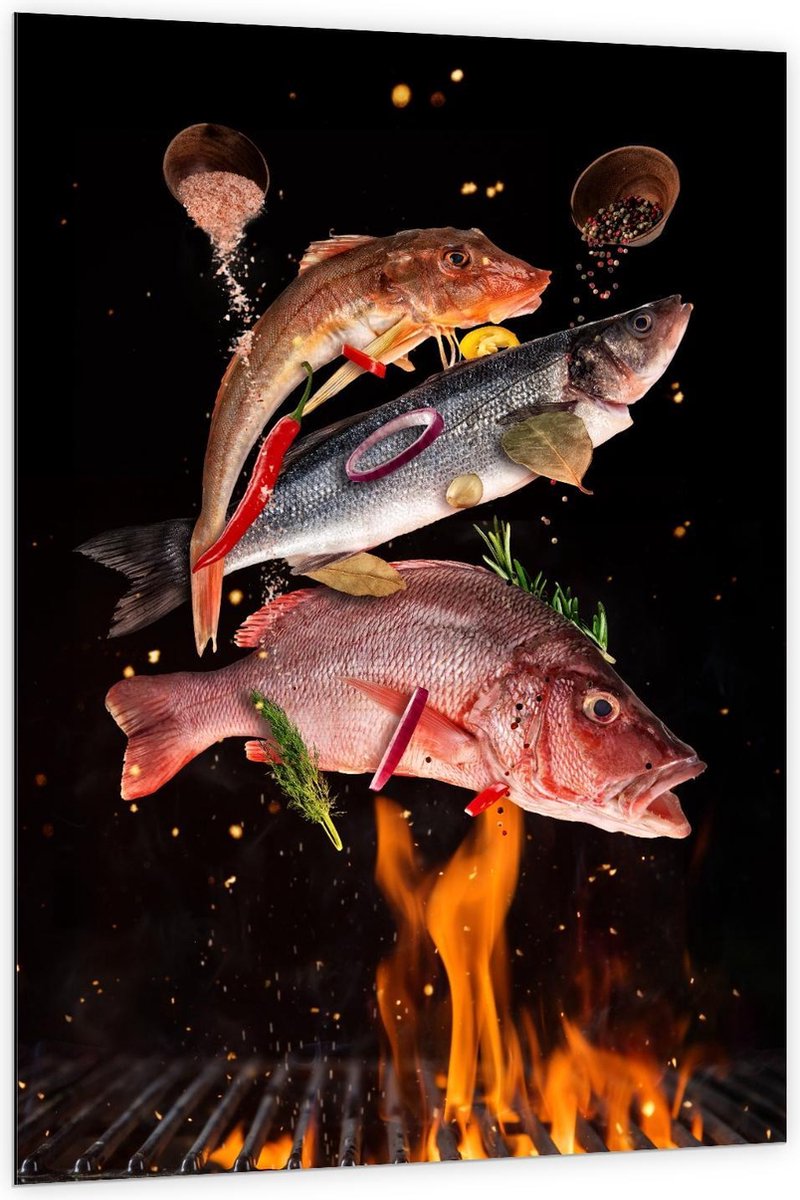 Dibond - Vissen met Specerijen op de BBQ - 100x150cm Foto op Aluminium (Wanddecoratie van 