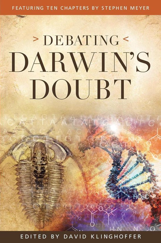 Boekomslag Debating Darwin's Doubt met een trilobietfossiel, een DNA-streng en chemische formules op een beige achtergrond.