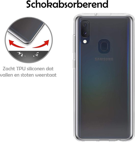 Illustratie die schokabsorptie van een telefoonhoes toont, naast de achterkant van een Samsung smartphone in de hoes.