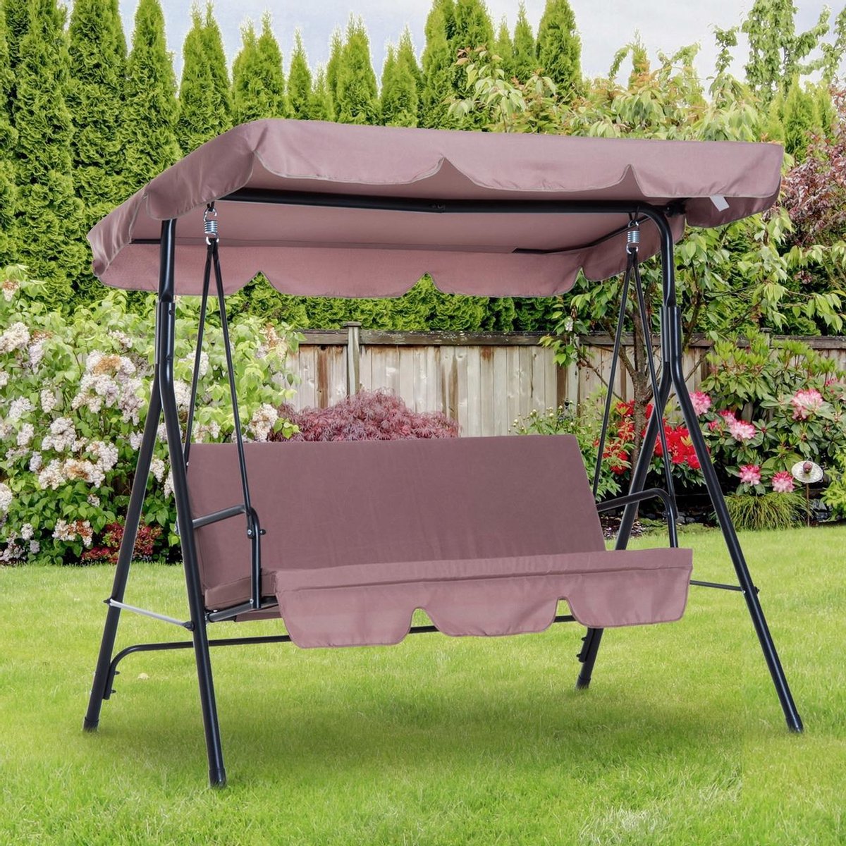 Outsunny 2-in-1 schommelbank met ligfunctie, 3-zits tuinschommel met