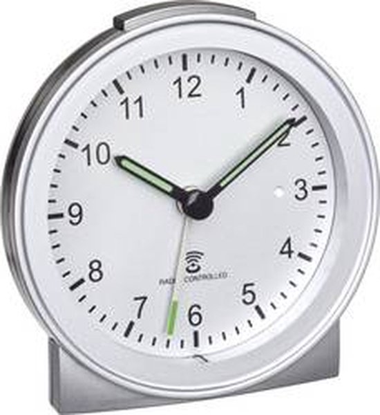 TFA Dostmann 60.1517.54 - Wekker - Analoog - Radiogestuurde tijdsaanduiding - Stil uurwerk - Alarm - Snooze - Kunststof - Fluorescerende wijzers - Schermverlichting - Zilverkleurig
