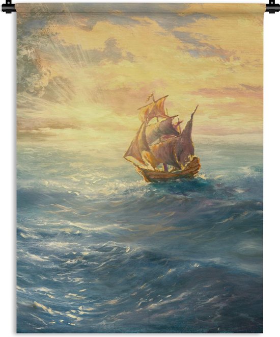 Wandkleed Zeilschepen Illustratie - Illustratie van een zeilschip onder een oranje lucht Wandkleed katoen 90x120 cm - Wandtapijt met foto