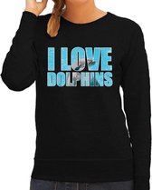 Tekst sweater I love dolphins met dieren foto van een dolfijn zwart voor dames - cadeau trui dolfijnen liefhebber S