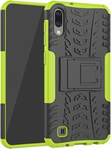Schokbestendige PC + TPU-bandenpatroonbehuizing voor Galaxy M10, met houder (groen)