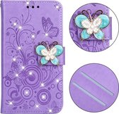 Diamond Encrusted Butterflies Love Flowers Pattern Horizontale leren Flip Case voor Galaxy S9 Plus, met houder & kaartsleuven & portemonnee & lanyard (vlinder paars)