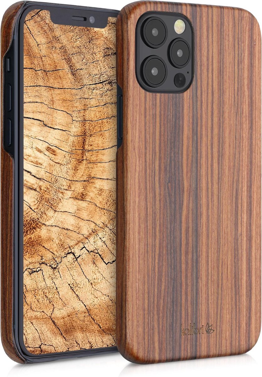 kalibri hoesje geschikt voor Apple iPhone 12 / iPhone 12 Pro - Beschermende telefoonhoes van hout - Slank smartphonehoesje in bruin